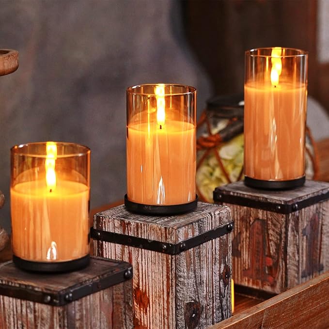 Homemory Amber Glass Flameless Candles, Battery Operated LED Pillar Candles with Remote Control and Timer, Radiance Candles, Real Wax, Set of 3,D3 xH4 5" 6"