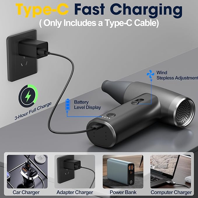Metal Electric Compressed Air Duster, 300000RPM Brushless Motor with Stepless Speed, Rechargeable Cordless Mini Blower for Computer Keyboard Cleaning, Car Detailing, House and Outdoor Use(Black)