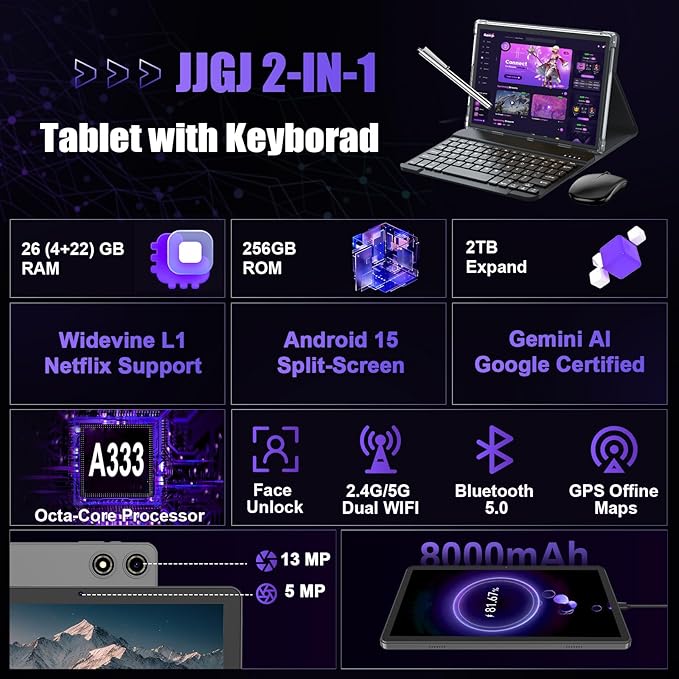 2026 Android 15 Tablet 10 Inch, 26GB+256GB+2TB Expand, 2 in 1 Tablets with Keyboard Case Mouse Stylus, 8000mAh Battery, Octa-Core, Dual Camera, Supports Widevine L1, 5G WiFi, GPS (Sliver Case)
