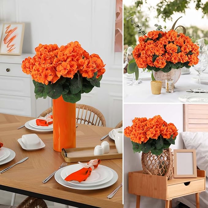 Hananona 12 Pcs Artificial Geranium Flowers for Outdoors Orange Silk Geranium Flowers Outdoor UV Resistant Plants Faux Fall Flower for Home Kitchen Autumn Table Centerpieces Decor (12, Orange)