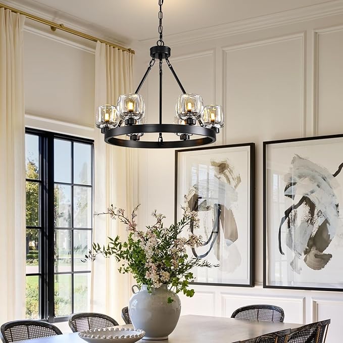 Black Wagon Wheel Chandelier, 24 Inch Black Chandeliers with Unique Glass Shade, 6-Light Crystal Farmhouse Wagon Wheel Chandeliers for Dining Room, Round Chandelier for Living Room, Foyer, Entryway