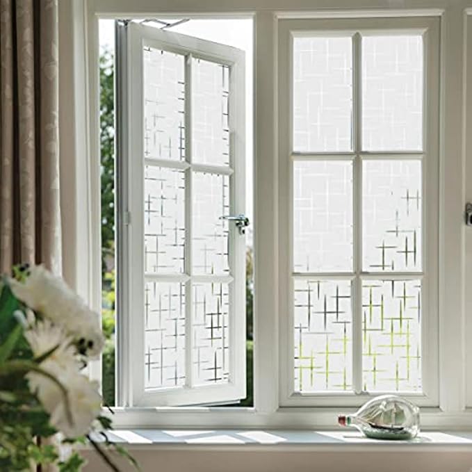 Finnez Frosted Window Film Non-Adhesive, Frosting Privacy Film for Glass Windows, Self Static-Cling Decorative Window Cling for Home Office UV Protection Cross Pattern 45.2 x 157.4 inches