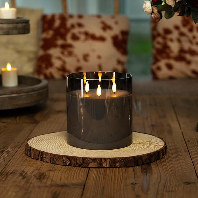 Homemory 6X6'' Extra Large Flameless Candle with 3 Wicks, Glass LED Pillar Candle, Real Wax Battery Operated Candle with Remote Control and Timer, Grey