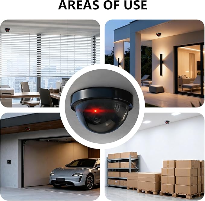 WALI Dummy Fake Security CCTV Dome Camera with Flashing Red LED Light with Security Alert Sticker Decals (SD-4), 4 Packs, Black