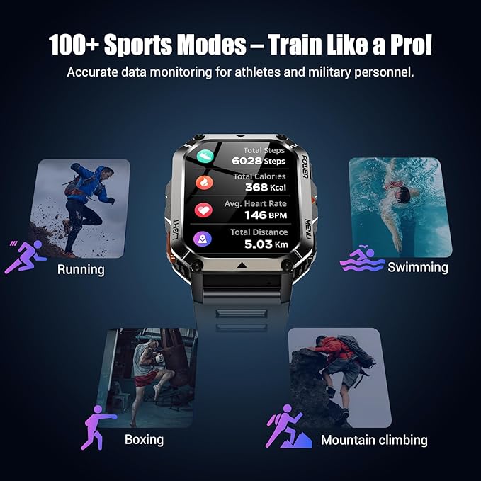 Military Smart Watches for Men, Super Large 2.01"Fitness Watch HD Display, Sports Smartwatch with LED Flashlight/100-Day Battery/24 Hrs Heart Rate & Sleep Monitor/120+ Sports Modes/GPT Voice AI(Black)