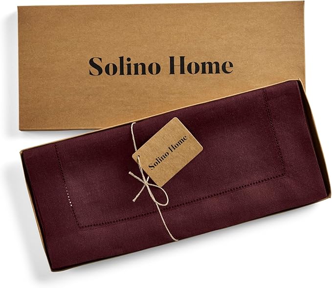 Solino Home Linen Burgundy Table Runner 108 Inches Long - 100% Pure Linen 14 x 108 Inch Table Runner for Fall, Autumn, Thanksgiving - Classic Hemstitch