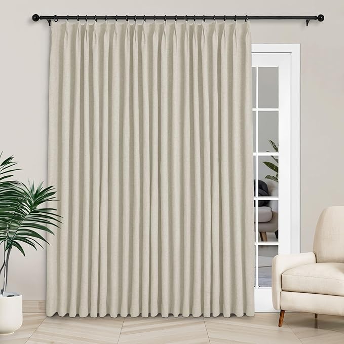 Macochico Extra Wide 100% Blackout Linen Curtains for Sliding Door Pleated Curtains with Hooks Insulated Soft Linen Drapes for Bedroom Living Room with Tieback Ivory White 100”Wx84”L 1 Panel