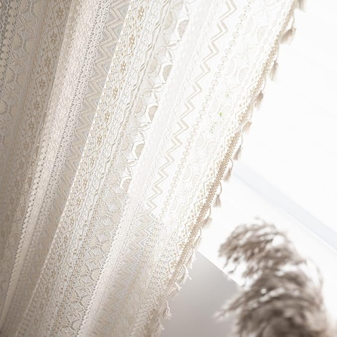 Sutuo Home Boho Curtains for Bedroom Nursery 90 Inch Length, Bohemian Geometric Crochet Sheer Lace Handmade Tassels Window Treatment Vintage Rustic Drape Rod Pocket 1 Panel 59" W x 90" L, Beige Wave