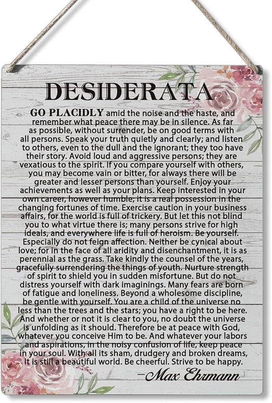 Qious Inspirational Signs Gift Farmhouse Desiderata Go Placidly Amid the Noise and the Haste Wooden Hanging Sign Rustic Wall Art Home Living Room Decoration 10 x 8 Inches
