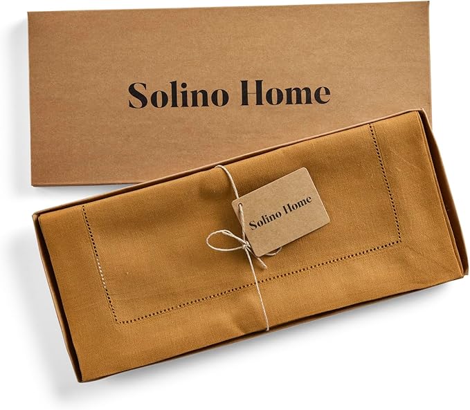 Solino Home Linen Hemstitch Table Runner 60 Inches - 100% Pure Linen Brown Sugar Hemstitch Table Runner 14 x 60 Inch Ideal for Dresser and Coffee Tables - Fall, Thanksgiving - Classic Hemstitch
