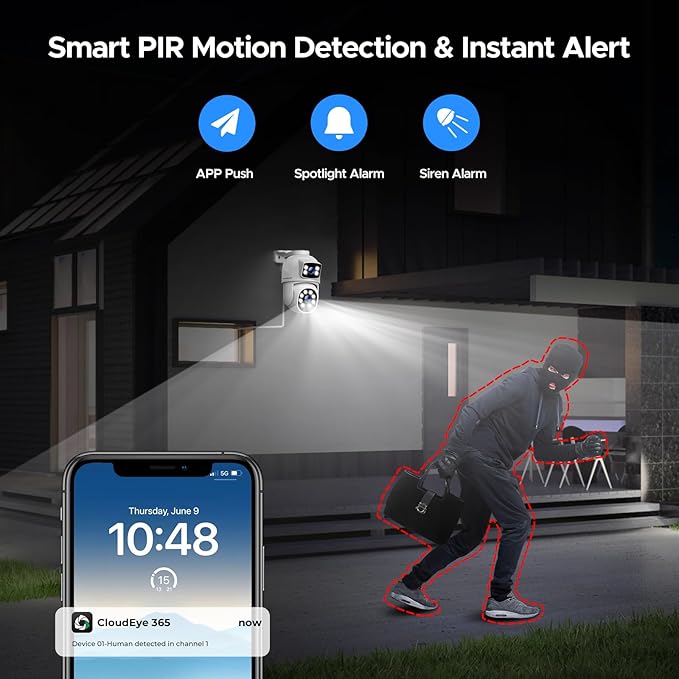 Camcamp Dual Lens Security Camera Outdoor, 2K Full HD Video, 360° View Pan/Tilt Surveillance & Security Cameras with Color Night Vision, Easy to Install, PIR Alarm