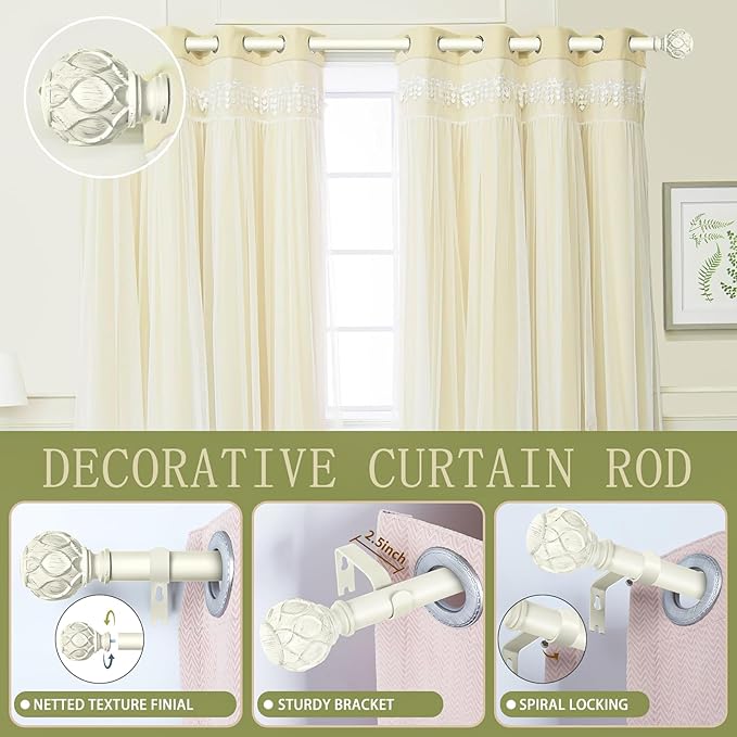 White Farmhouse Curtain Rods for Windows:72-144" Heavy Duty Adjustable Curtain Rod for Bedroom Living Room,Boho Decorative Rustic Drapery Rods with Vintage Coastal Texture Finial,Antique White