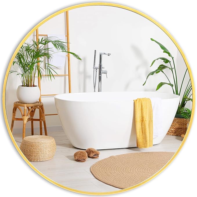 Fabuday Gold Circle Mirror for Bathroom - 24 Inch Golden Framed Round Mirror for Wall Decor, Living Room, Bedroom, Entryway Circular Mirrors