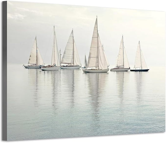 Nautical Sailing Picture Wall Art - Coastal Sailboat Canvas Ocean Ship Prints Sea Level Boat Painting Artwork for Living Room Home Office