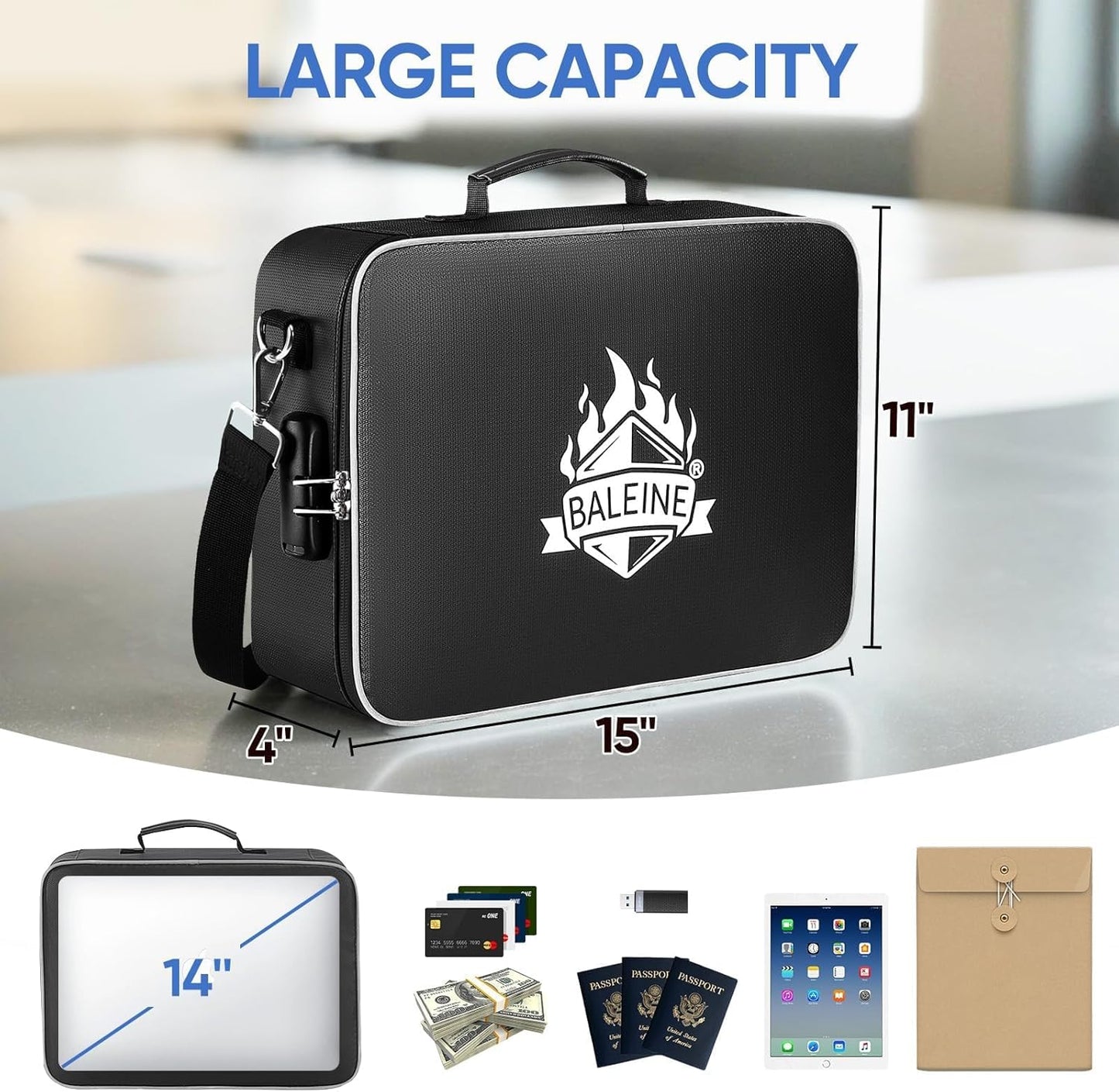 BALEINE Fireproof Document Box with Lock, Portable Fireproof Document Bag Waterproof Fire Proof File Boxes for Documents, File Organizer Box for Important Paperwork (Black, 15''x11''x4'')