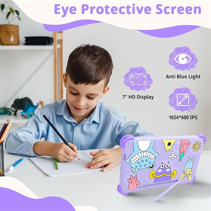okulaku Kids Tablet 7 inch Tablets for Kids 32GB Toddler Tablet with Protective Case Child Learning Tablets with WiFi, Parental Control, GMS, Preinstalled Educational Contents for Girls Boys (Purple)