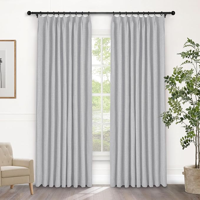 Macochico 100% Blackout Pinch Pleated Linen Curtains 84 Inch Length Thermal Blackout Curtains for Bedroom Living Room Nursery Silver Grey Farmhouse Burlap Curtains with Tieback 52”Wx84”L 1 Panel