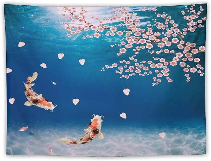 Japanese Koi Fish Tapestry, Cherry Blossoms Asian Oriental Blue Floral Branch Koi Fish Carp Tapestries Wall Hanging for Bedroom Living Room Office Decor 90"x60"