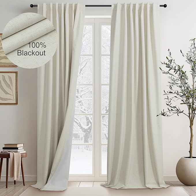 DANCURTON Earthy Extra Long 132 Inch Blackout Curtains for Summer Heat Canvas Drop Cloth Curtains Sound Proof Linen Drapes Privacy Room Divider High Ceiling Bedroom 2 Panels Burg 11 ft Length Beige