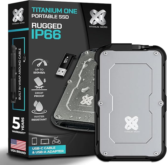 Titanium Micro 1TB External SSD, Titanium One Portable SSD - Up to 550MB/s, USB 3.2 Gen 2 USB-C USBA, Rugged IP66 Water Resistance, Drop Proof, External Solid State Drive Storage for PC Mac Smartphone