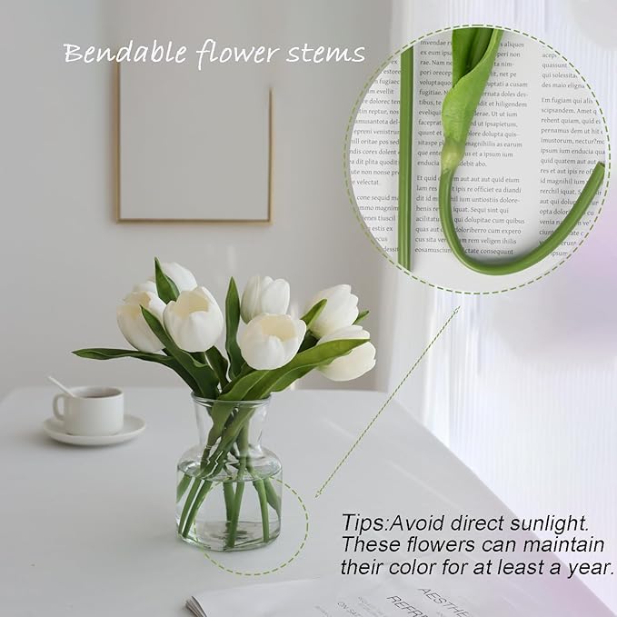 Buart White&Green Tulip Flowers Artificial Luxury Big Tulip Valentine's Day Mother's Day Easter Home Kitchen Wedding Decorations(11pcs)