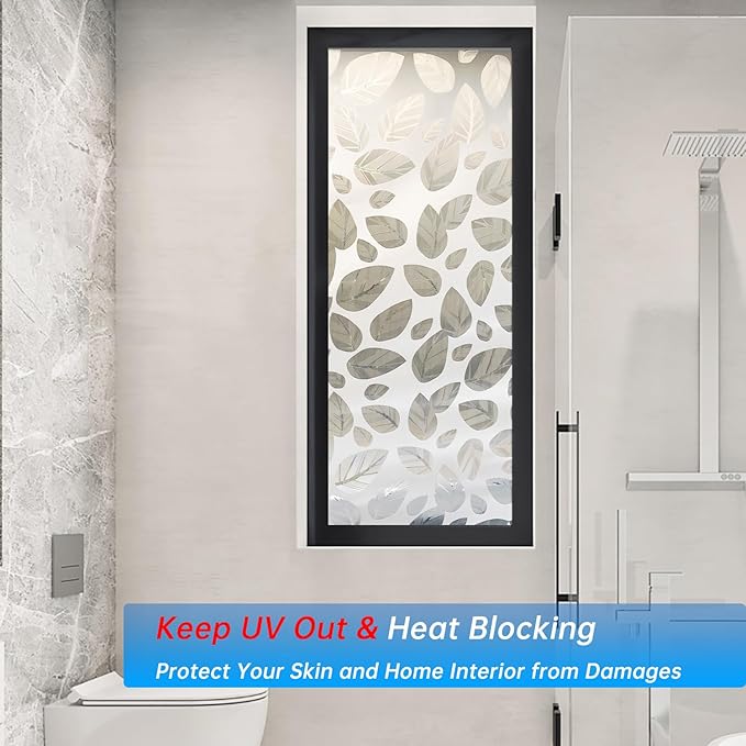 Frosted Glass Window Privacy Film Decorative, Bathroom Privacy Film for Glass Windows Cover, Static Cling, Removable, Reusable, Anti-UV, Anti-Glare, Heat Blocking,（Leaf White 17.5X78.7Inch）