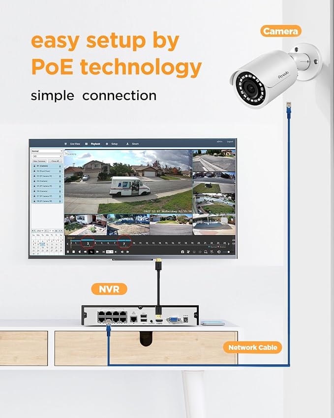 4 Camera Security System, 4pcs 5MP Wired Home Bullet IP PoE Cameras Outdoor with Mic/Audio, AI Human Detection, 100ft IR Night Vision, 4K 8 Channel NVR 2TB HDD for 24/7 Recording, PB37F0408-5M