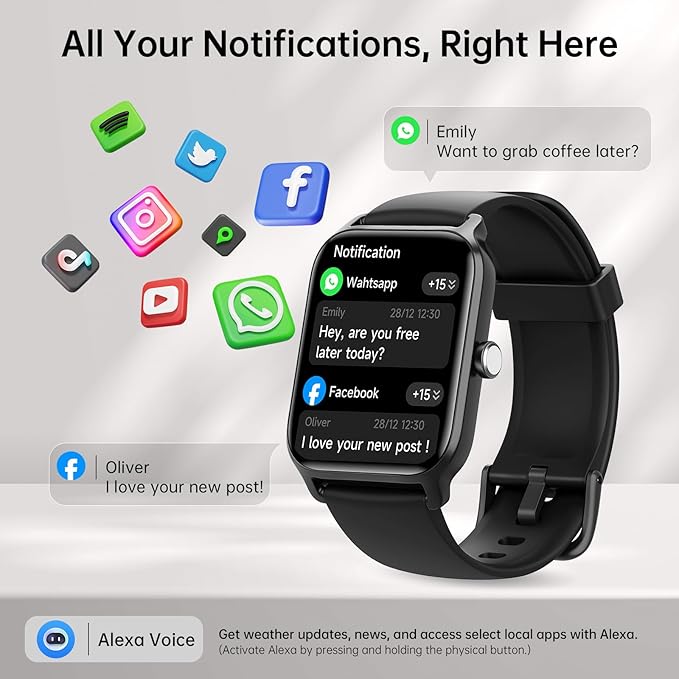 Smart Watch for Men, Alexa Built-in 1.85" HD Touchscreen Fitness Tracker with Bluetooth Call, 24/7 Heart Rate/Sleep/SpO2 Monitor, 100+ Sport Modes,2ATM Waterproof Smartwatch for Android iPhone(Black)