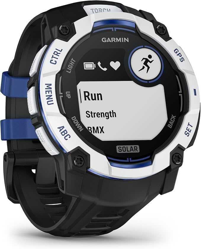 Garmin Instinct® 3 – 50 mm, Solar, Rugged Outdoor GPS Smartwatch, Built-in Flashlight, Supernova Collection Limited Edition Color, Whitestone with Black/Bolt Blue Silicone Band