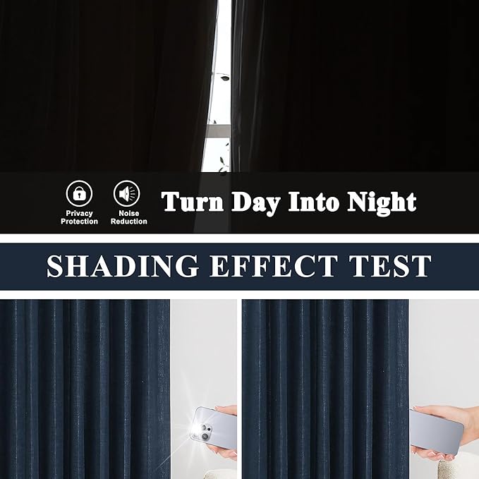Vision Home Navy Blue Pinch Pleated Full Blackout Curtains Linen Blended Room Darkening Curtain Panels 84 inch for Living Room Bedroom Thermal Insulated Pinch Pleat Drapes with Hooks 40" Wx84 Lx2