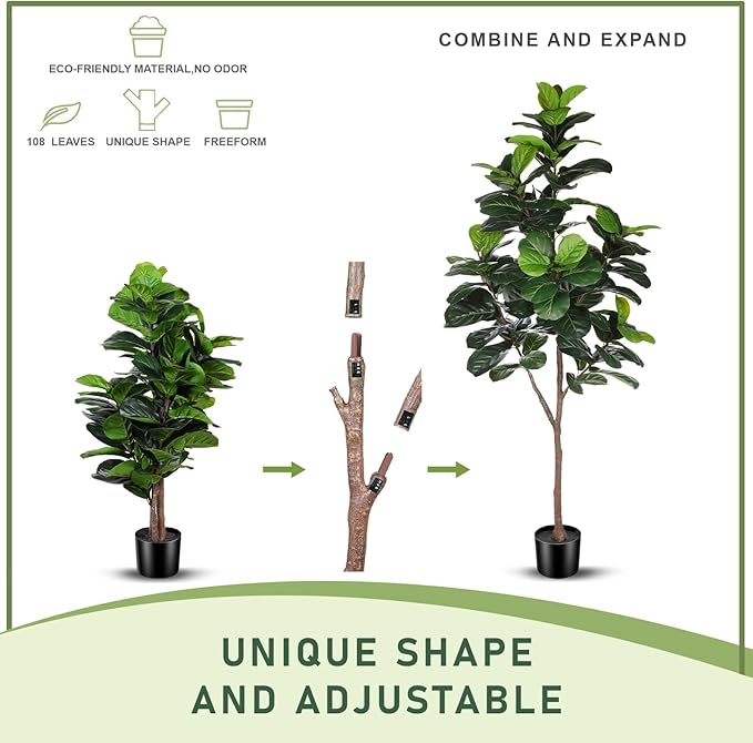 Artificial Fiddle Leaf Fig Tree - 6.5ft Faux Ficus Lyrata Plant with 108 Fiddle Leaves Fake Fig Silk Tree in Pot Artificial Tree for Indoor Outdoor Home Office Perfect Housewarming