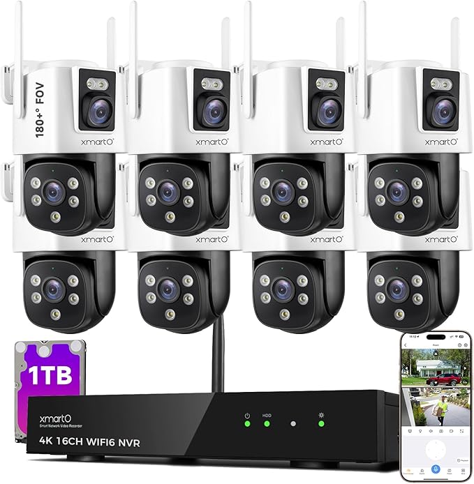 [2-in-1 CAM*8] XMARTO 16-View WiFi 6 Mesh Security Camera System Outdoor Wireless, 8X Dual-Lens CAM, 16CH 4K Long Range WiFi6 Surveillance NVR Kit, 4MP PTZ Home CCTV Set w. 1TB HDD, No Monthly Fee
