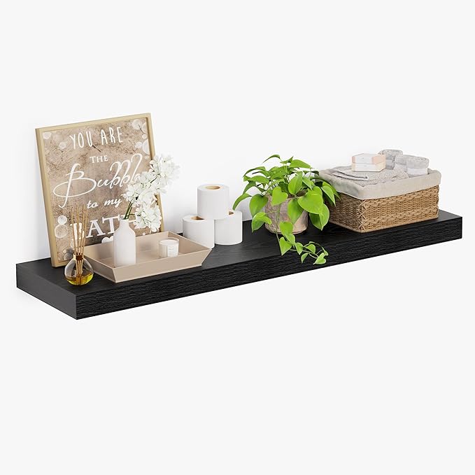 Heimlove 12 Inch Deep Floating Shelves, 55 x 12 inches Long Wall Shelf, Large Extra Display Shelf & Storage Shelf, Rustic Wood Wall Shelves for Fireplace Mantel, Set of 1(Black)