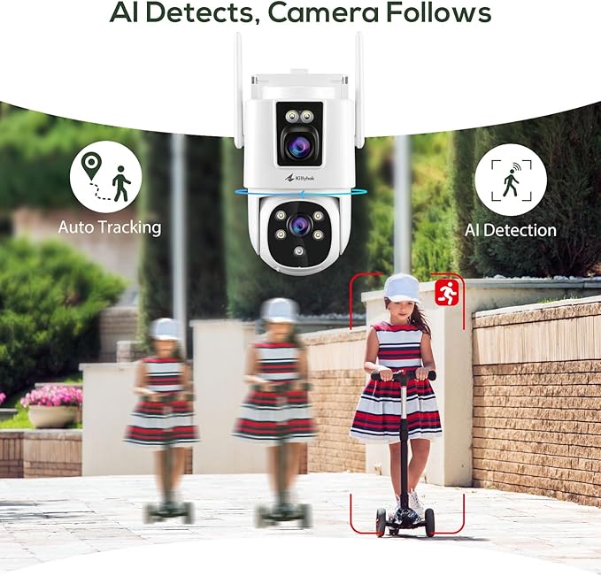 Kittyhok Dual Lens Wireless Security Camera System, 4pcs 2K Outdoor Camera with 2.4/5GHz WiFi, Pan & Tilt, Auto Tracking, Human Detection, Color Night Vision, 16CH Wi-Fi 6 NVR with 1TB HDD, KWDP164