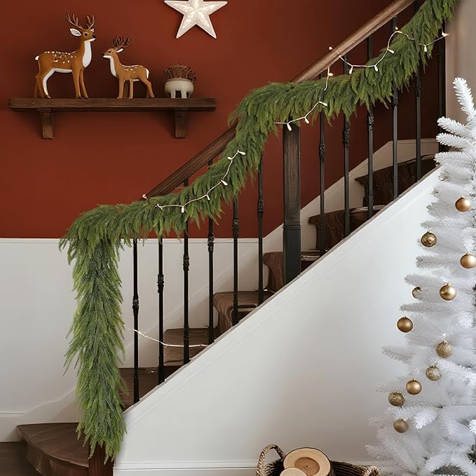 9FT Christmas Norfolk Pine Garland -1PCS, Artificial Pine Needles Garlands Faux Greenery Fake Garland for Holiday Fireplace,Table,Window,Stairs,Mante,Indoor Outdoor Decor