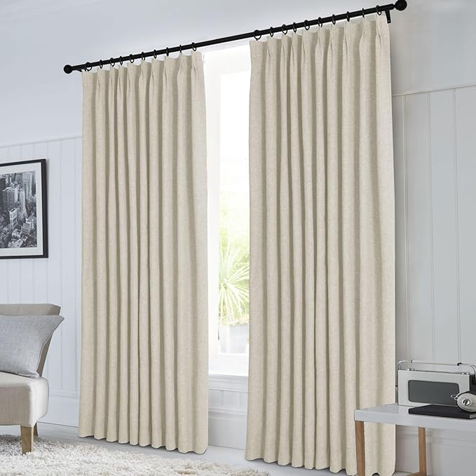 Macochico 100% Blackout Pinch Pleated Linen Curtains Thermal Window Treatments Sound Reducing Curtains for Bedroom Living Room Ivory White Farmhouse Burlap Drapes with Tieback 52”Wx63”L 1 Panel