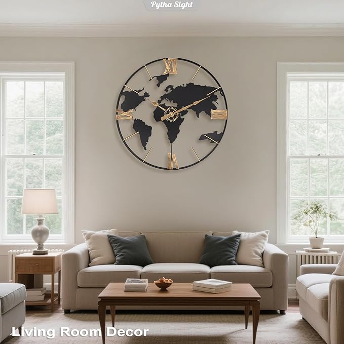 30 Inch Large Modern Decorative Metal World Map Wall Clocks Giant Extra Vintage Gold Roman Numeral Oversized Wall Clock for Living Room,Office,Dining Room,Entryway,Fireplace