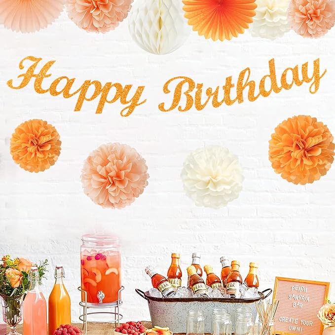 Orange Hippie Birthday Party-Decorations Paper-Flowers - 14pcs Happy Banner Fall Honeycomb Tissue Pom Poms,Boho Streamers Garland Fans,Sweet Peach Groovy Sunset Groovy Hanging Supplies Decor Hugfond