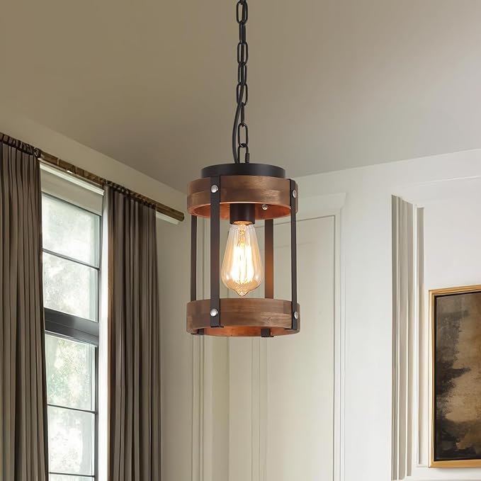 2 Pack Rustic Farmhouse Wood Pendant Light Fixture One-Light Adjustable Chain Oak Wood and Metal Drum Cage Small Pendant Lighting for Kitchen Island Sink Hallway Farmhouse Bathroom Bar, Black
