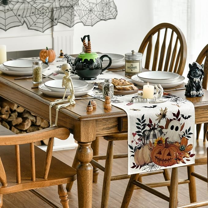 Artoid Mode Pumpkin Ghost Leaves Spider Web 210 GSM Halloween Table Runner, Spooky Kitchen Dining Table Decoration for Home Party Decor 13x48 Inch