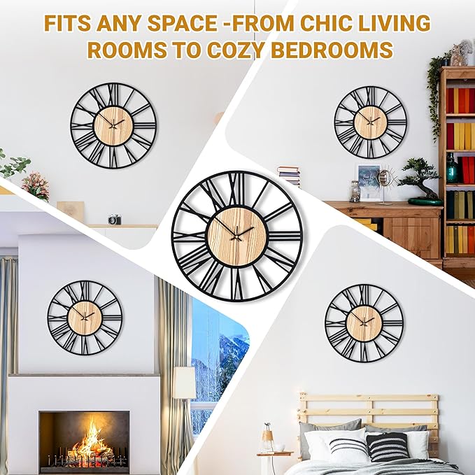 20inch/50cm Large Wall Clocks for Living Room Decor,Bedroom,Battery Operated,Metal,Decorative,Analog,Silent,Non Ticking Big Wall Clock(Wooden Roman Numerals, 20 inches)