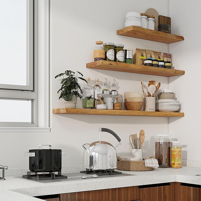 Axeman 24 inch Floating Shelves for Wall - 8'' D Live Edge Rustic Solid Elm Wood Floating Shelves Wall Mounted, Wall Shelves with Invisible Bracket for Living Room Bedroom Kitchen, Set of 2 Natural