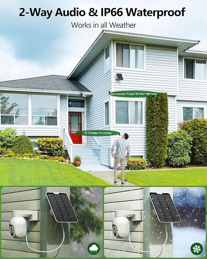 Solar Security Cameras Wireless Outdoor, 2K 360° View Solar Powered WiFi 4MP Security Camera for Home Security with Color Night Vision, PIR Detection, 2-Way Audio, Motion Alert, Easier to use