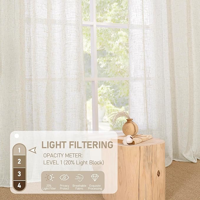 LAMIT 38 Inch Width Semi Sheer Linen Curtains 2 Panels, Cream Ivory Light Filtering Panels Bronze Grommet Boho Neutral Drapes for Living Room/Bedroom/Farmhouse, 38 x 84 Inch