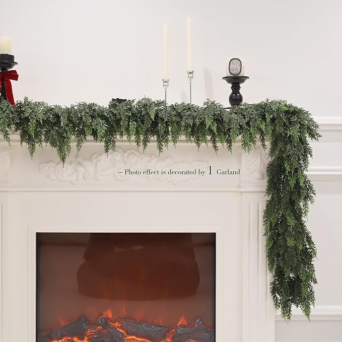 2Pcs 6FT Christmas Cedar Garland Artificial Real Touch Thickness Realistic Greenery Pine Garland for Mantle Fireplace Outdoor Indoor Christmas Decorations