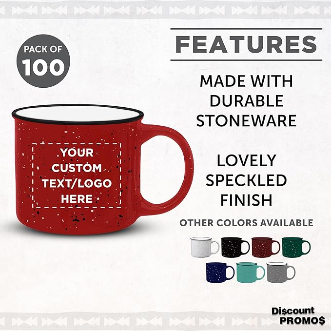 DISCOUNT PROMOS Custom Ceramic Campfire Coffee Mugs 13 oz. Set of 100, Personalized Bulk Pack - Perfect for Tea, Espresso, Cappuccino, Hot Cocoa - Red