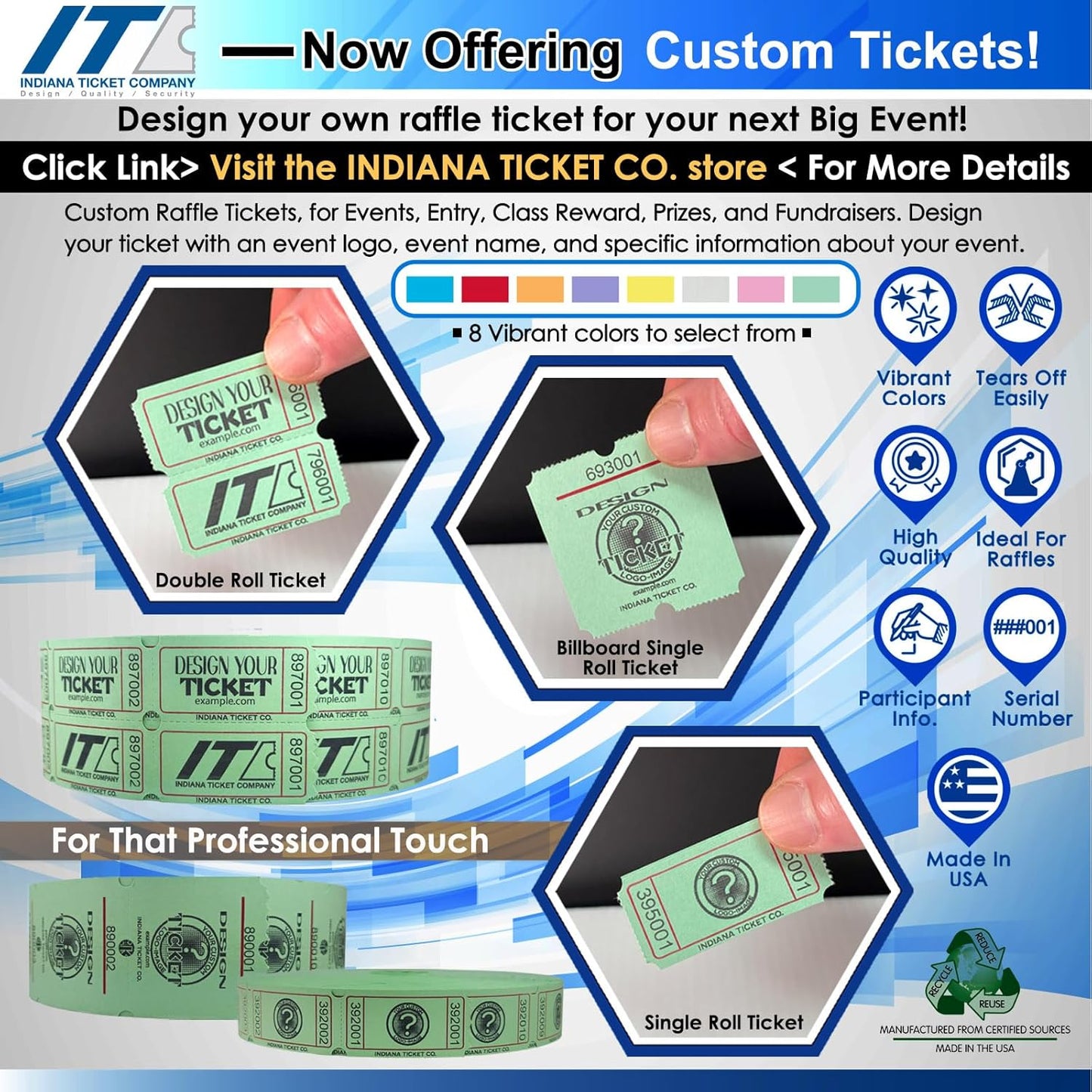 INDIANA TICKET CO. 1,000 Green Raffle Tickets Double Roll, Premium Quality 50/50 Raffle Tickets, Tickets for Events, Carnivals, Door Prizes, Drinks and More