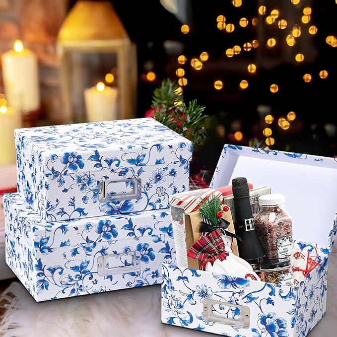 Briful Decorative Photo Storage Boxes with Lids, Set of 4 – Blue and White Porcelain Pattern, Nested Card Storage Box Organizer, Decorative Paperboard Box for Closet, Office, Gifts,Cosmetic,Books