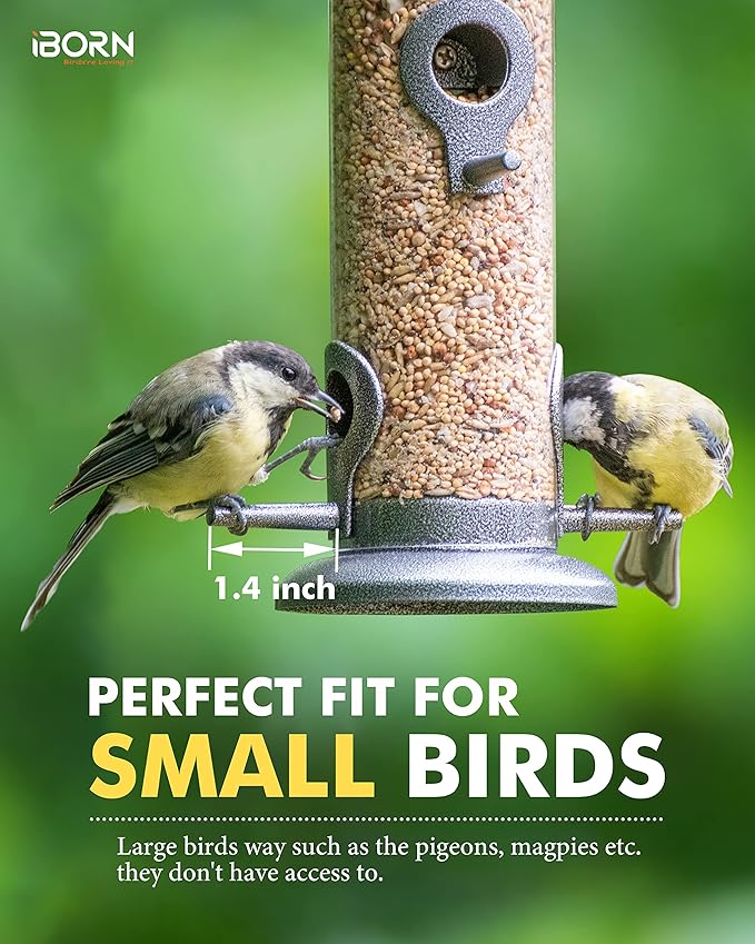 iBorn Metal Bird Feeder Hanging Wild Bird Seed Feeder for Mix Seed Blends Heavy Duty All Metal Silver Finish,14 Inch 6 Port(Seed is not Included)