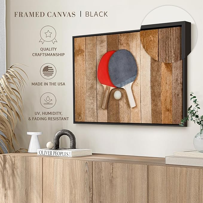 ElephantStock Ping Pong Wall Art - Horizontal Framed Canvas - 1-Piece Living Room Wall Decor - Photography Canvas Print - Brown and Red Decor for Wall - 19" X 13"